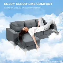 HOMCOM 3 Seater Sofa with Footstool, Fabric L-Shaped Sofa, Sectional Couch with Wood Legs, Tufting Cushioned Back for Small Space, Living Room, Office, Dark Grey - 8