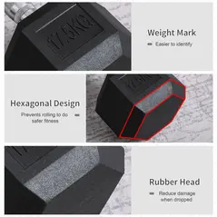 HOMCOM 2x17.5kg Rubber Hex Dumbbell Portable Hand Weights Dumbbell Home Gym Workout Fitness Hand Dumbbell - 4