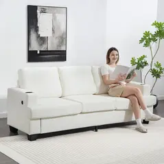 HOMCOM 3 Seater Sofa with USB Ports & Cup Holders - Cream White - 2