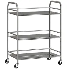 HOMCOM 3 Tier Stainless Steel Kitchen Storage Trolley with Adjustable Shelf - Silver - 1