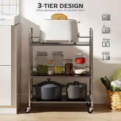HOMCOM 3 Tier Stainless Steel Kitchen Storage Trolley with Adjustable Shelf - Silver - 4