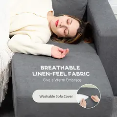 HOMCOM 3 Seater Sofa with Footstool, Fabric L-Shaped Sofa, Sectional Couch with Wood Legs, Tufting Cushioned Back for Small Space, Living Room, Office, Dark Grey - 5