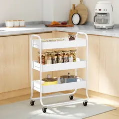 HOMCOM 3-Tier Storage Trolley on Wheels, Rolling Utility Cart with Mesh Backets for Kitchen, Bathroom, Bedroom, White - 2