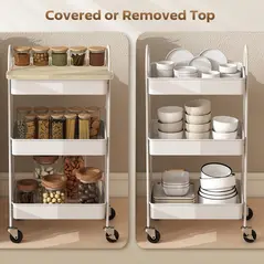 HOMCOM 3-Tier Kitchen Storage Trolley with on Wheels Cover Top Board - White and Oak - 5