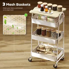 HOMCOM 3-Tier Kitchen Storage Trolley with on Wheels Cover Top Board - White and Oak - 4