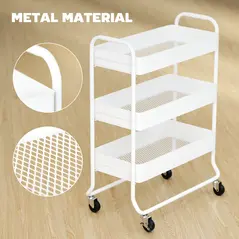 HOMCOM 3-Tier Storage Trolley on Wheels, Rolling Utility Cart with Mesh Backets for Kitchen, Bathroom, Bedroom, White - 6