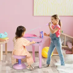 HOMCOM 37 Keys Kids Mini Electronic Keyboard Children Grand Piano with Stool Microphone Light Musical Instrument Educational Game Toy Set (Pink) - 2