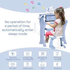 HOMCOM 37 Keys Kids Piano Mini Electronic Keyboard Light Kids Musical Instrument Educational Game Children Grand Piano Toy Set w/Stool & Microphone & Music Stand (Blue) - 5