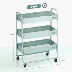 HOMCOM 3-Tier Storage Trolley on Wheels, Rolling Utility Cart with Mesh Backets for Kitchen, Bathroom, Bedroom, Light Green - 3