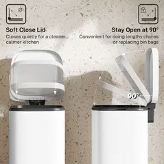 HOMCOM 30L Kitchen Bin, Compact Pedal Bin with Soft-Close and Stay-Open Lid, Removable Bucket for Kitchen, Home, Office, White - 5