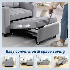 HOMCOM 3-in-1 Single Sofa Bed, Convertible Sleeper Chair Bed - Light Grey - 4
