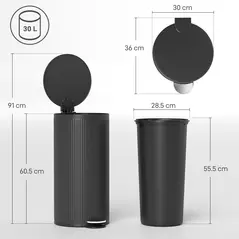 HOMCOM 30 Litre Pedal Kitchen Bin with Soft Close and Stay Open Lid, Rubbish Bin with Removable Inner Bucket for Kitchen, Office, Home, Black - 3
