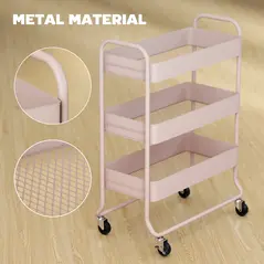 HOMCOM 3-Tier Storage Trolley on Wheels, Rolling Utility Cart with Mesh Backets for Kitchen, Bathroom, Bedroom, Light Pink - 6