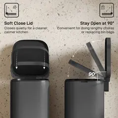 HOMCOM 30L Kitchen Bin, Compact Pedal Bin with Soft-Close and Stay-Open Lid, Removable Bucket for Kitchen, Home, Office, Black - 5