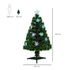 HOMCOM 3FT Green Fibre Optic Artificial Christmas Tree Xmas Colourful LED Scattered Tree with Snowflakes Ornaments Fireproofing - 3