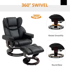 HOMCOM 360° Swivel Recliner Chair with Footstool, PU Leather Manual Recliner Armchair with Footstool, Solid Wood Base, Upholstered Reclining Chair for Living Room, Bedroom, Office, Black - 6