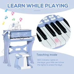 HOMCOM 37 Keys Kids Piano Mini Electronic Keyboard Light Kids Musical Instrument Educational Game Children Grand Piano Toy Set w/Stool & Microphone & Music Stand (Blue) - 6