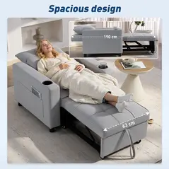 HOMCOM 3-in-1 Single Sofa Bed, Convertible Sleeper Chair Bed - Light Grey - 6