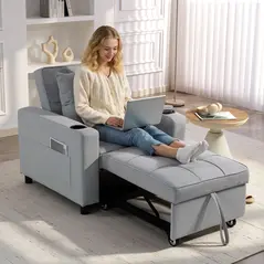 HOMCOM 3-in-1 Single Sofa Bed, Convertible Sleeper Chair Bed - Light Grey - 2