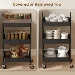 HOMCOM 3-Tier Kitchen Storage Trolley with on Wheels Cover Top Board - Rustic Brown and Black - 5