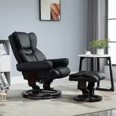 HOMCOM 360° Swivel Recliner Chair with Footstool, PU Leather Manual Recliner Armchair with Footstool, Solid Wood Base, Upholstered Reclining Chair for Living Room, Bedroom, Office, Black - 2