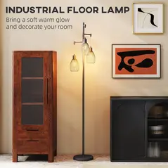 HOMCOM 3-Light LED Floor Lamp, 170cm Industrial Dimmable Standing Lamp with Steel Wire Cage Lampshades, 2700K for Living Room, Bedroom, Dining Room, Study, Black - 6