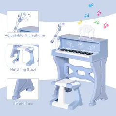 HOMCOM 37 Keys Kids Piano Mini Electronic Keyboard Light Kids Musical Instrument Educational Game Children Grand Piano Toy Set w/Stool & Microphone & Music Stand (Blue) - 4