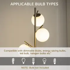 HOMCOM 3-Light Tree Floor Lamps for Living Room, Modern Standing Lamp for Bedroom with Globe Lampshade, Steel Base, Bulb not Included, Silver Tone - 6