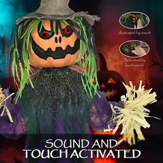 HOMCOM 3'6" Pumpkin Scarecrow Halloween Animatronic, with Glowing Eyes - 6