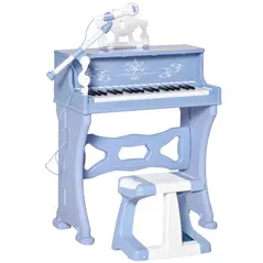 HOMCOM 37 Keys Kids Piano Mini Electronic Keyboard Light Kids Musical Instrument Educational Game Children Grand Piano Toy Set w/Stool & Microphone & Music Stand (Blue) - 1
