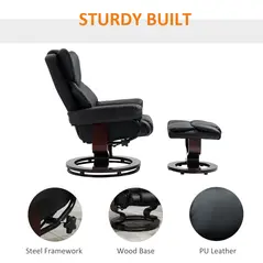 HOMCOM 360° Swivel Recliner Chair with Footstool, PU Leather Manual Recliner Armchair with Footstool, Solid Wood Base, Upholstered Reclining Chair for Living Room, Bedroom, Office, Black - 5