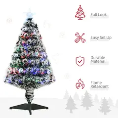 HOMCOM 3ft Artificial Prelit Christmas Tree, Snow Xmas Tree with Colourful LED Lighting Fiber Optics, Green White - 6