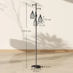 HOMCOM 3-Light LED Floor Lamp, 170cm Industrial Dimmable Standing Lamp with Steel Wire Cage Lampshades, 2700K for Living Room, Bedroom, Dining Room, Study, Black - 3