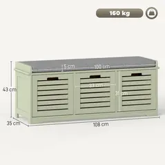 HOMCOM 3-Drawer Shoe Storage Bench - Green - 3