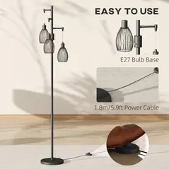 HOMCOM 3-Light LED Floor Lamp, 170cm Industrial Dimmable Standing Lamp with Steel Wire Cage Lampshades, 2700K for Living Room, Bedroom, Dining Room, Study, Black - 7