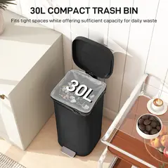 HOMCOM 30L Kitchen Bin, Compact Pedal Bin with Soft-Close and Stay-Open Lid, Removable Bucket for Kitchen, Home, Office, Black - 4