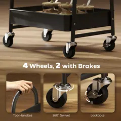 HOMCOM 3-Tier Kitchen Storage Trolley with on Wheels Cover Top Board - Rustic Brown and Black - 6