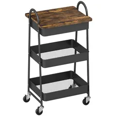 HOMCOM 3-Tier Kitchen Storage Trolley with on Wheels Cover Top Board - Rustic Brown and Black - 1