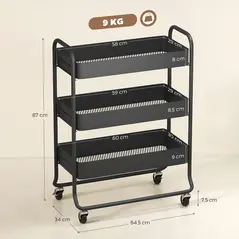 HOMCOM 3-Tier Storage Trolley on Wheels, Rolling Utility Cart with Mesh Backets for Kitchen, Bathroom, Bedroom, Black - 3