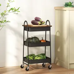 HOMCOM 3-Tier Kitchen Storage Trolley with on Wheels Cover Top Board - Rustic Brown and Black - 7