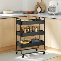 HOMCOM 3-Tier Storage Trolley on Wheels, Rolling Utility Cart with Mesh Backets for Kitchen, Bathroom, Bedroom, Black - 2