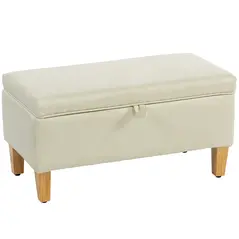 HOMCOM 30L Linen Storage Ottoman Padded Footstool with Rubberwood Legs for Storage Box, Bed End, Shoe Bench, Seating, Beige - 1