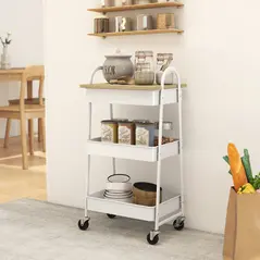 HOMCOM 3-Tier Kitchen Storage Trolley with on Wheels Cover Top Board - White and Oak - 2