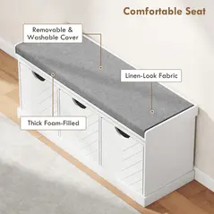HOMCOM 3-Drawer Padded Shoe Bench with Breathable & Washable Linen-look Cover, White - 4