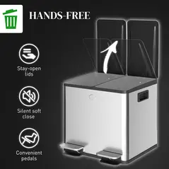 HOMCOM 30L Dual Compartment Stainless Steel Bin, with Deodoriser Holders - Silver Tone - 6