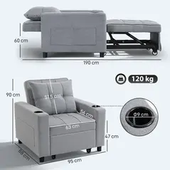 HOMCOM 3-in-1 Single Sofa Bed, Convertible Sleeper Chair Bed - Light Grey - 3