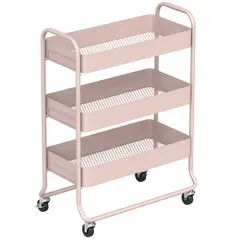 HOMCOM 3-Tier Storage Trolley on Wheels, Rolling Utility Cart with Mesh Backets for Kitchen, Bathroom, Bedroom, Light Pink - 1