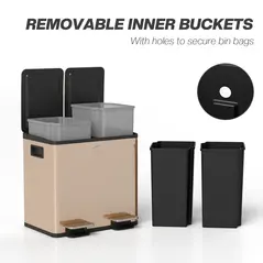 HOMCOM 30L Dual Compartment Stainless Steel Bin, with Deodoriser Holders - Gold Tone - 7