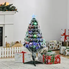 HOMCOM 3ft Artificial Prelit Christmas Tree, Snow Xmas Tree with Colourful LED Lighting Fiber Optics, Green White - 2