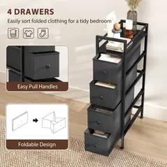 HOMCOM 4 Drawer Fabric Dresser Chest of Drawers, Slim Storage Cabinet with Steel Frame for Small Spaces, Bedroom, Black - 5